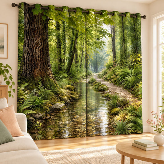 Serene Forest Stream designer room darkening curtains, set of two, in a bright cheerful living room