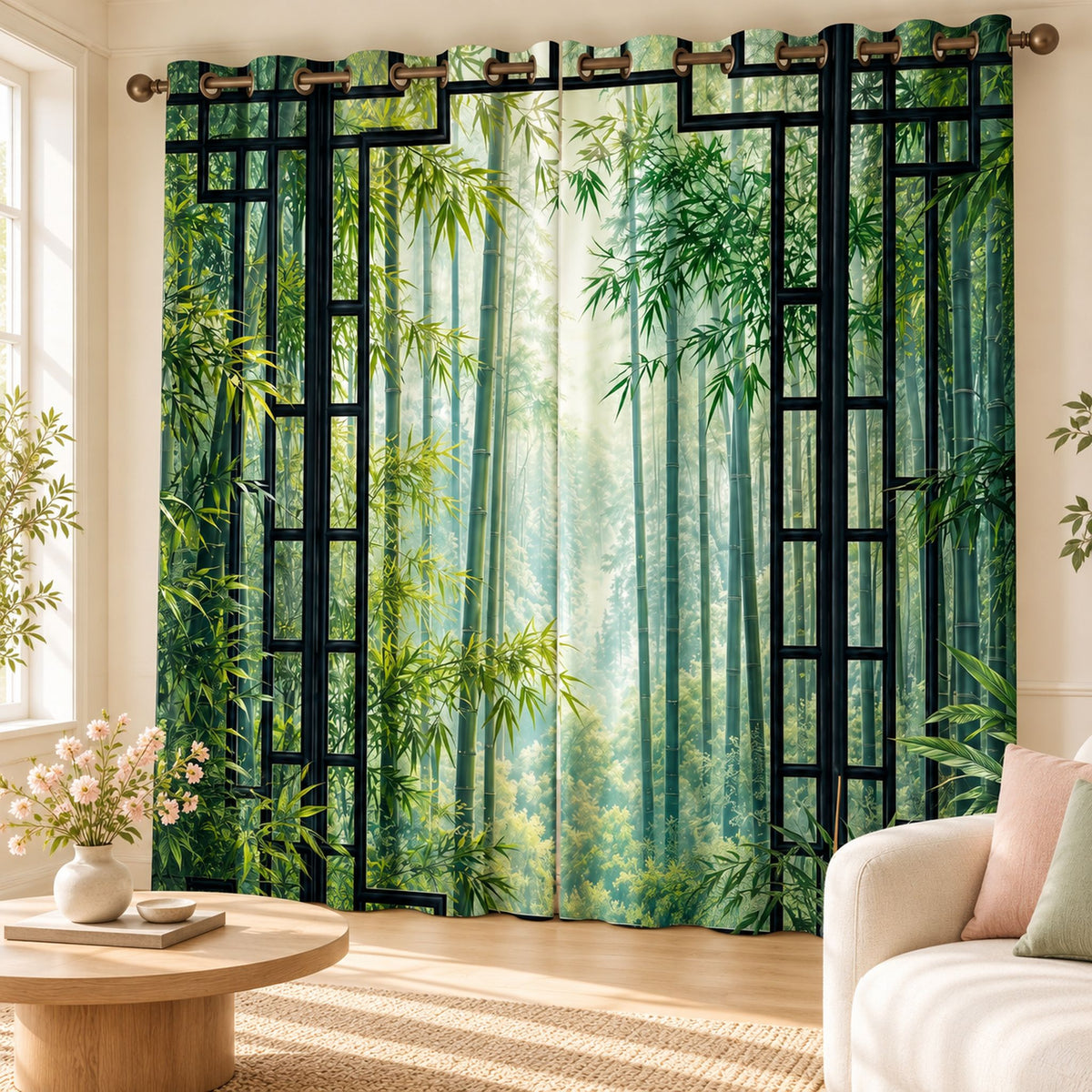 Tranquil Framed Bamboo Grove designer room darkening curtains, set of two, in a bright cheerful living room