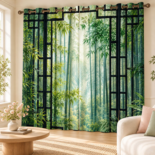 Tranquil Framed Bamboo Grove designer room darkening curtains, set of two, in a bright cheerful living room