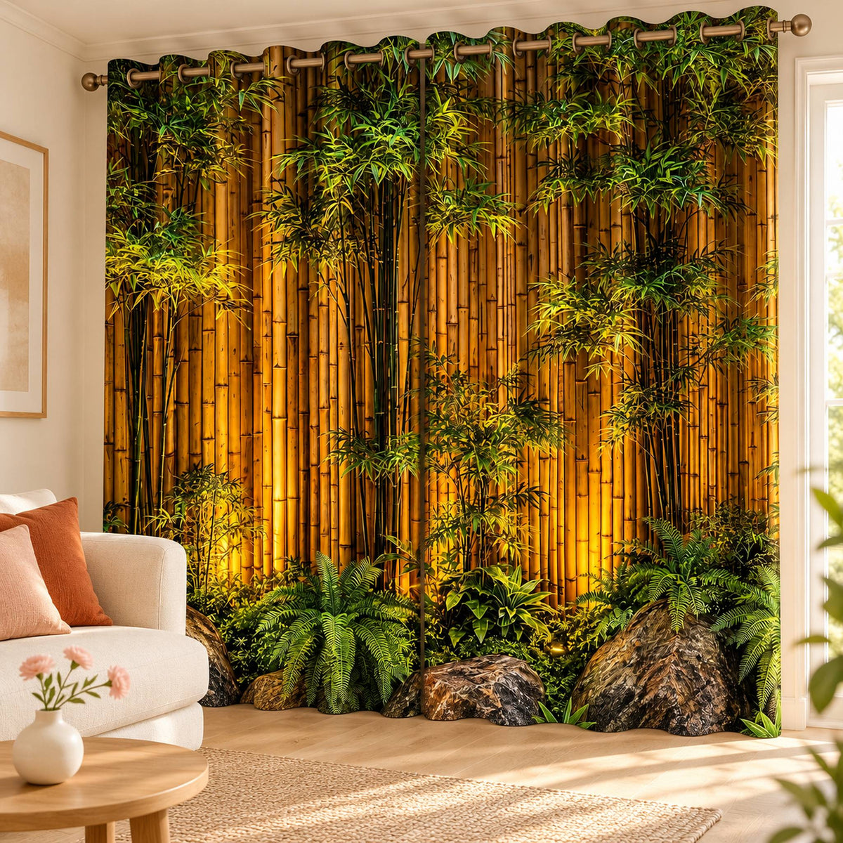 Golden Bamboo Forest designer room darkening curtains, set of two, in a bright cheerful living room