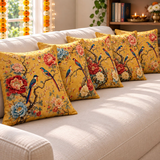 Golden Yellow Birds and Blossoms cushion covers on an ivory sofa in a sunlit Diwali home