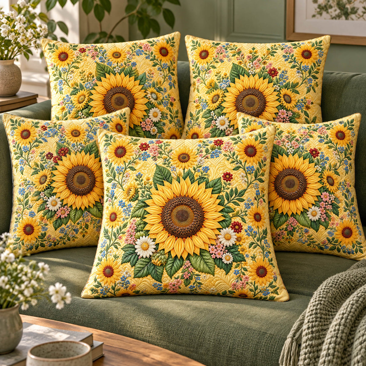 Golden Sunflower cotton-feel cushion covers, set of 5, 16 x 16 inches