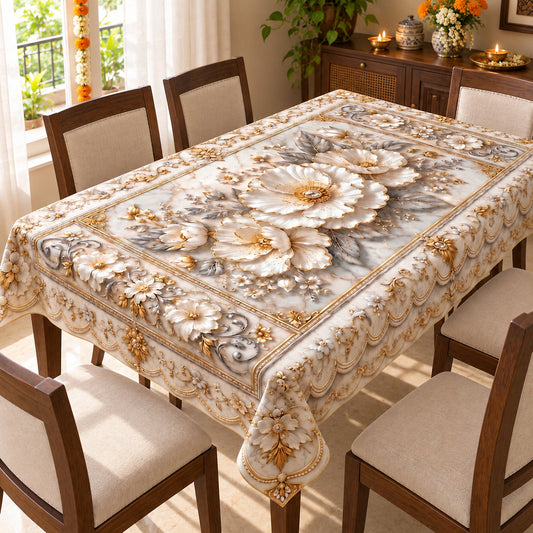 Graceful Bloom white and gold floral rectangular table cover in a sunlit festive Indian home