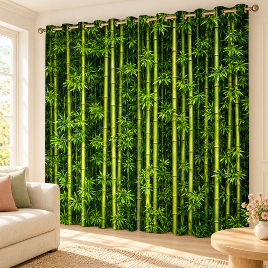 Lush Green Bamboo Forest designer room darkening curtains, set of two, in a bright cheerful living room
