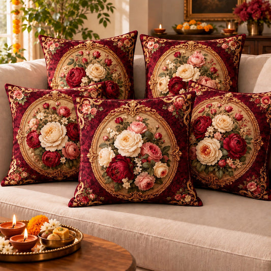Imperial Maroon Rose cushion cover set with a traditional Diwali thali on the coffee table