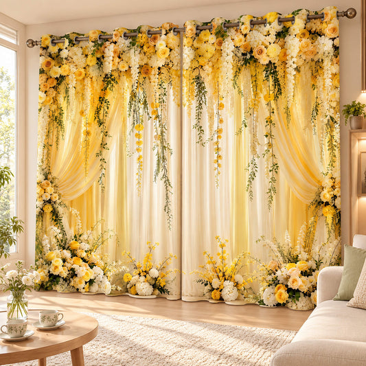 Premium Blackout Ivory Yellow Floral Curtains – Romantic Blossom Drapes(Set of 2) in a bright cheerful living room