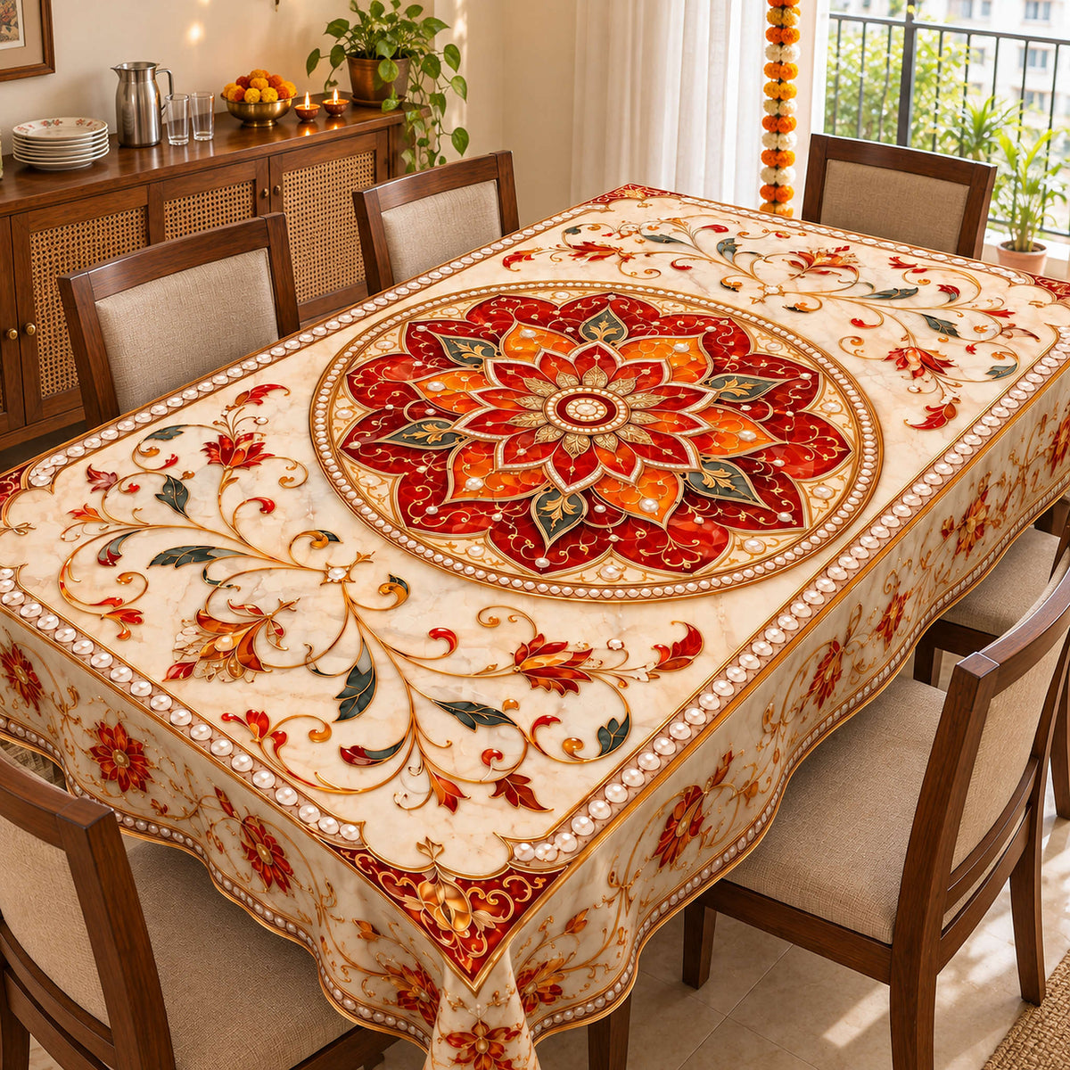 Maharaja Jewel red and gold floral medallion table cover in a bright Indian home with Diwali decor