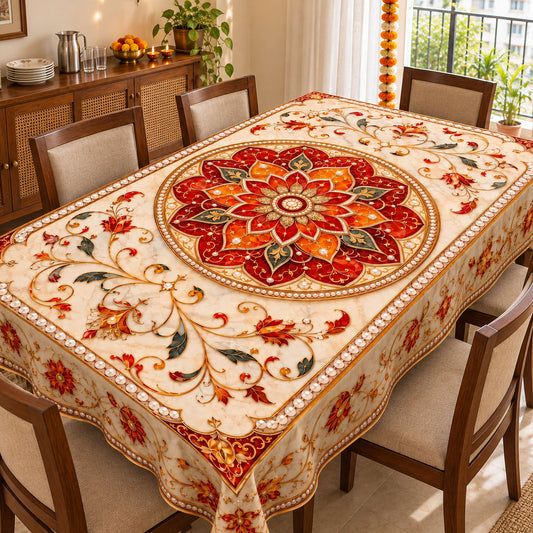 Maharaja Jewel red and gold floral medallion table cover in a bright Indian home with Diwali decor