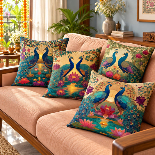 Maharaja Peacock set of four cushion covers on a peach sofa in a sunlit festive Indian home