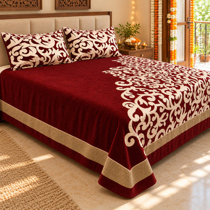Work of Art Royal Heavy Chenille Bedcovers- Maroon in a sunlit bedroom with festive Diwali decor