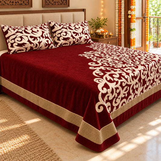 Work of Art Royal Heavy Chenille Bedcovers- Maroon in a sunlit bedroom with festive Diwali decor