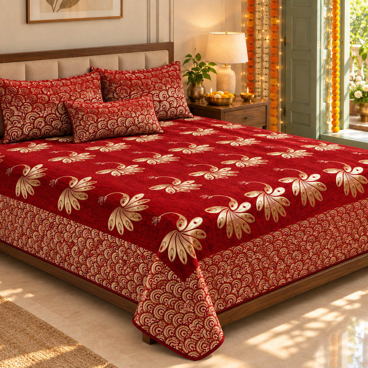 Essence of Peacock Royal Heavy Chenille Bedcovers in a sunlit bedroom with festive Diwali decor
