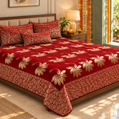Essence of Peacock Royal Heavy Chenille Bedcovers in a sunlit bedroom with festive Diwali decor