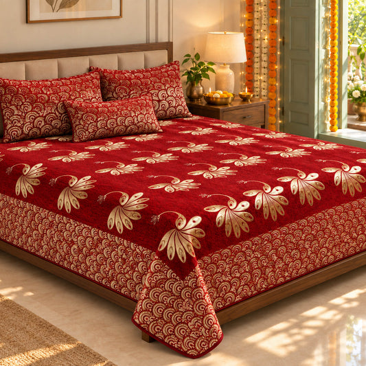 Essence of Peacock Royal Heavy Chenille Bedcovers in a sunlit bedroom with festive Diwali decor