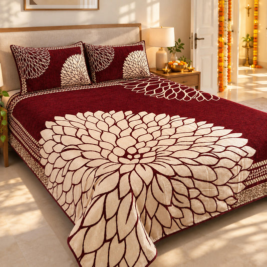Mirror Leaf Pattern Heavy Chenille Bedcovers Maroon with coordinated pillows in a sunlit Diwali bedroom