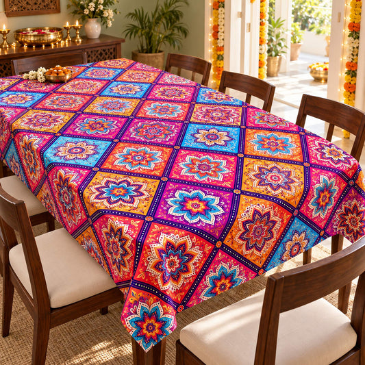 Moroccan Bloom multicolour floral tile printed table cover in a bright festive Indian dining room
