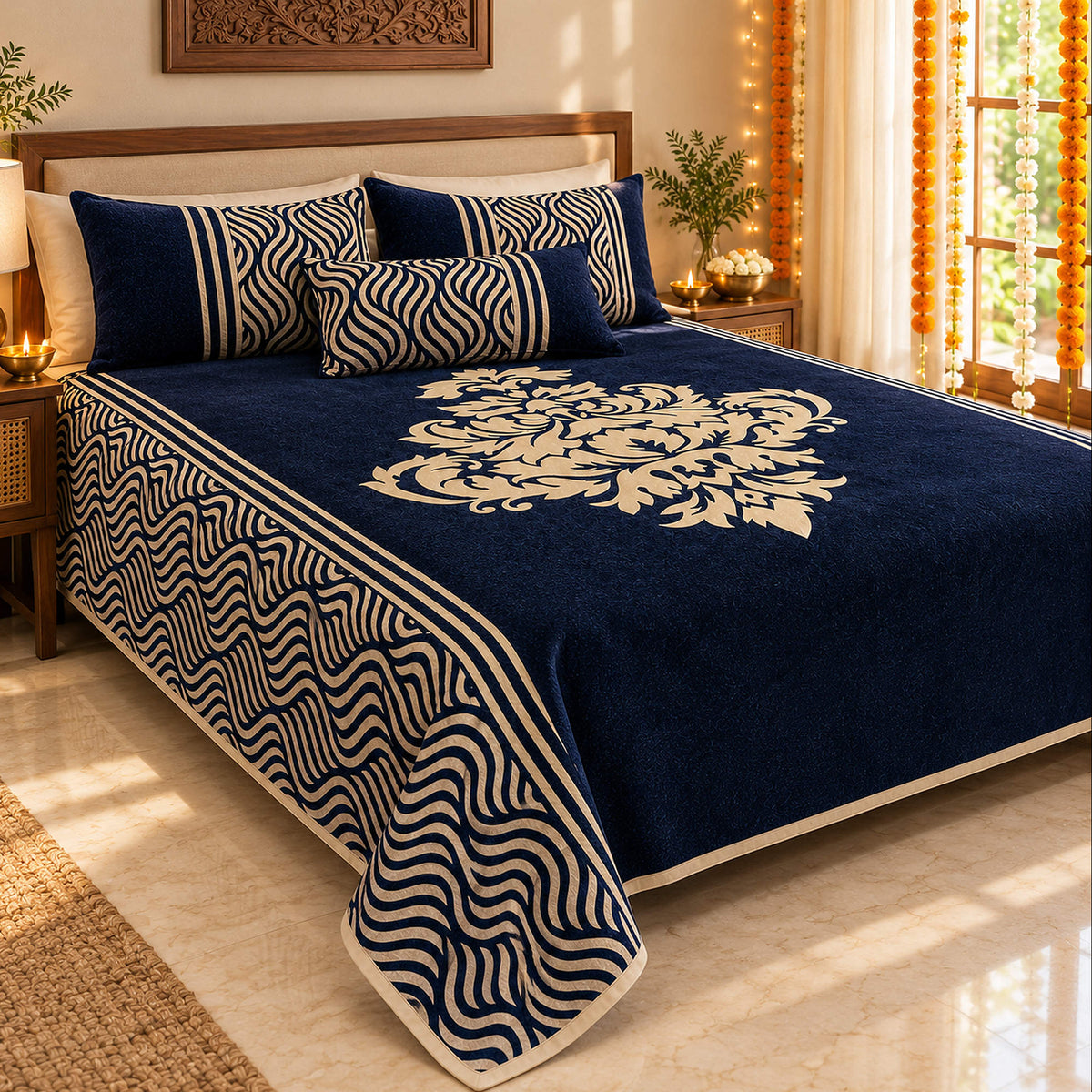 Wonder of Maze Royal Heavy Chenille Luxury Blue Bedcovers in a sunlit bedroom with festive Diwali decor