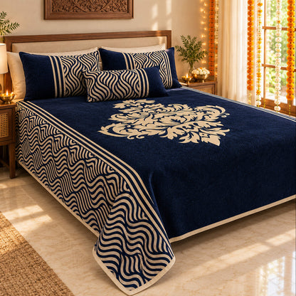 Wonder of Maze Royal Heavy Chenille Luxury Blue Bedcovers in a sunlit bedroom with festive Diwali decor