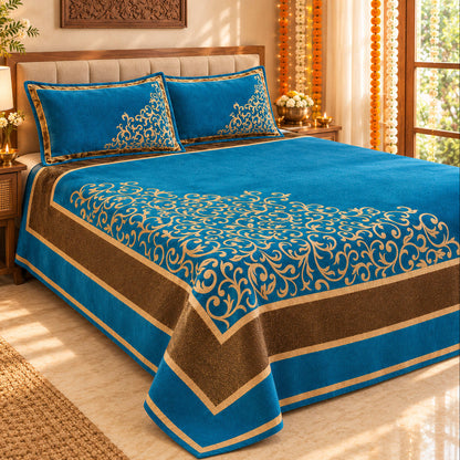 Work of Art Royal Heavy Chenille Bedcovers- Ocean Blue in a sunlit bedroom with festive Diwali decor