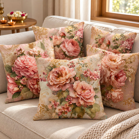 Elegant Peach Rose Blossoms cushion cover set on a cream sofa in a bright festive Indian home