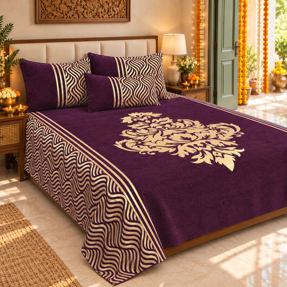 Wonder of Maze Royal Heavy Chenille Bedcovers- Luxury Wine styled in a sunlit bedroom with festive Diwali decorations