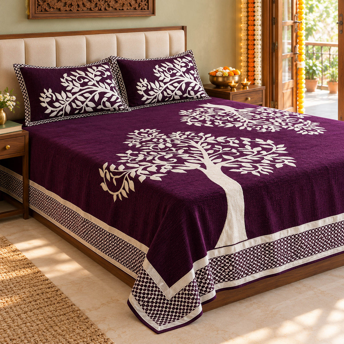 Tree Pattern Royal Heavy Chenille Bedcovers - Luxury Wine styled in a sunlit bedroom with festive Diwali decorations