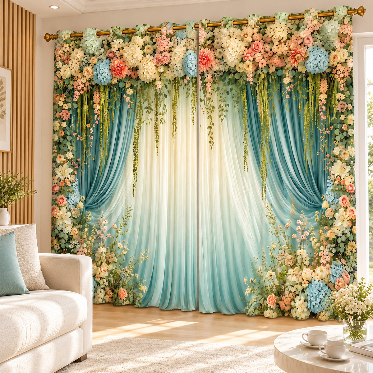 Premium Blackout Digital Curtains - Pure Floral Bliss(Set of 2) in a bright cheerful living room