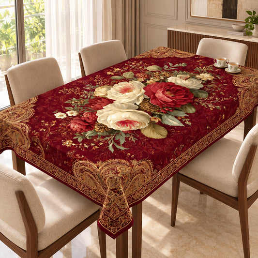 Regal Rosewood burgundy and gold floral table cover on a dining table with ivory chairs in a sunlit premium home