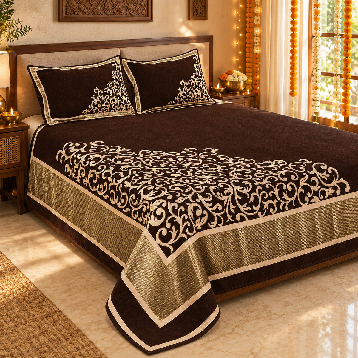 Work of Art Royal Heavy Chenille Bedcovers- Luxury Brown in a sunlit bedroom with festive Diwali decor