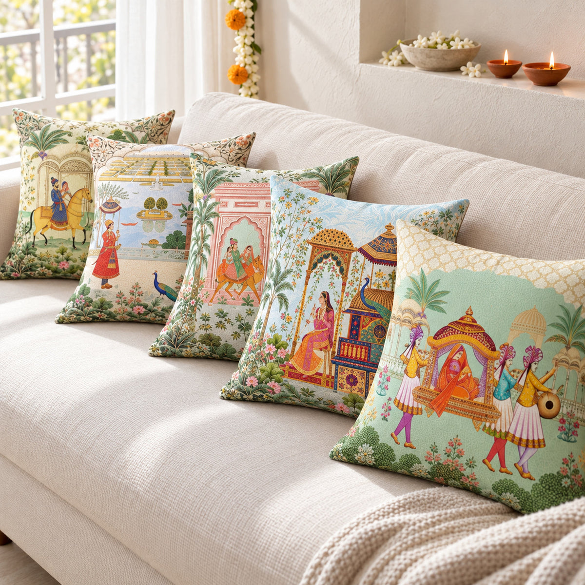 Royal Jodi set of five ethnic cushion covers on an ivory sofa in a sunlit Diwali nook