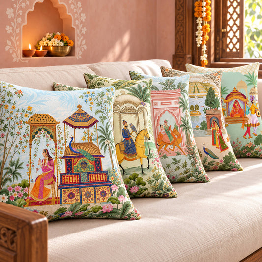 Royal Jodi set of five ethnic cushion covers in a warm Jaipur inspired festive living room