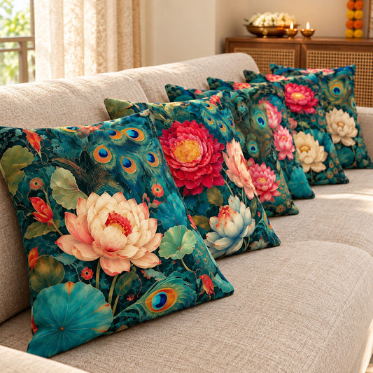 Royal Peacock Lotus cushion covers showing teal feathers and floral designs in a festive home