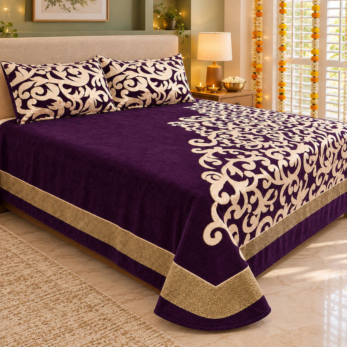Work of Art Royal Heavy Chenille Bedcovers - Purple in a sunlit bedroom with festive Diwali decor