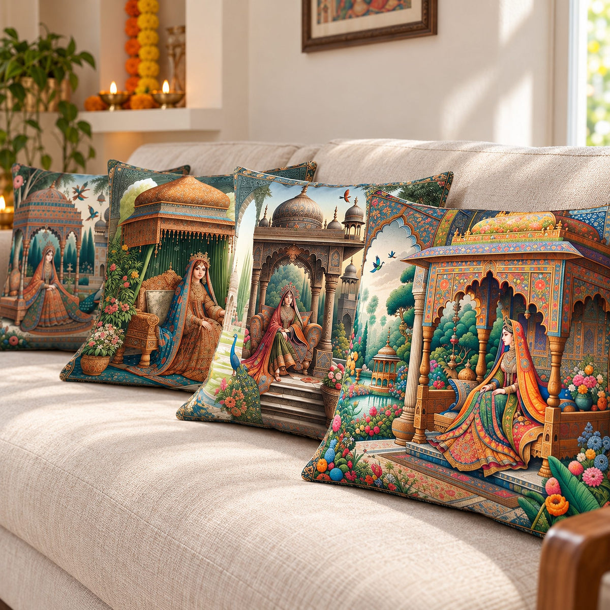 Royal Rani cotton feel cushion cover set with Indian royal art on an ivory sofa