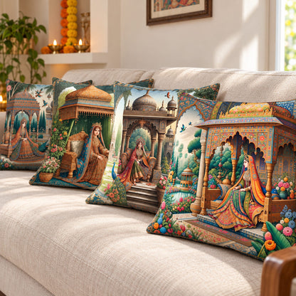 Royal Rani cotton feel cushion cover set with Indian royal art on an ivory sofa