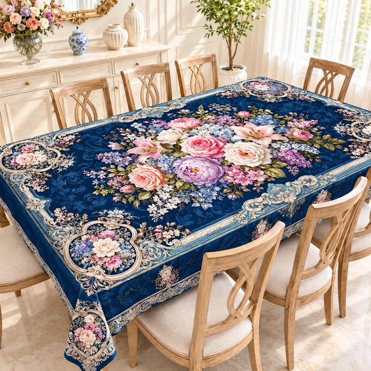 Royal Rose Navy Blue floral dining table cover with a pastel bouquet and ornate cream border