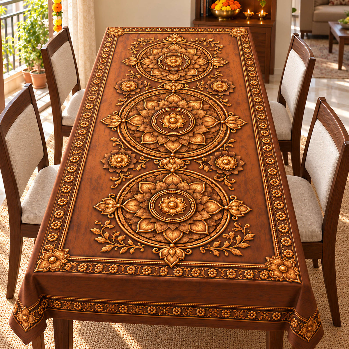 Royal Sandalwood brown and gold three medallion table cover in a sunlit festive dining room