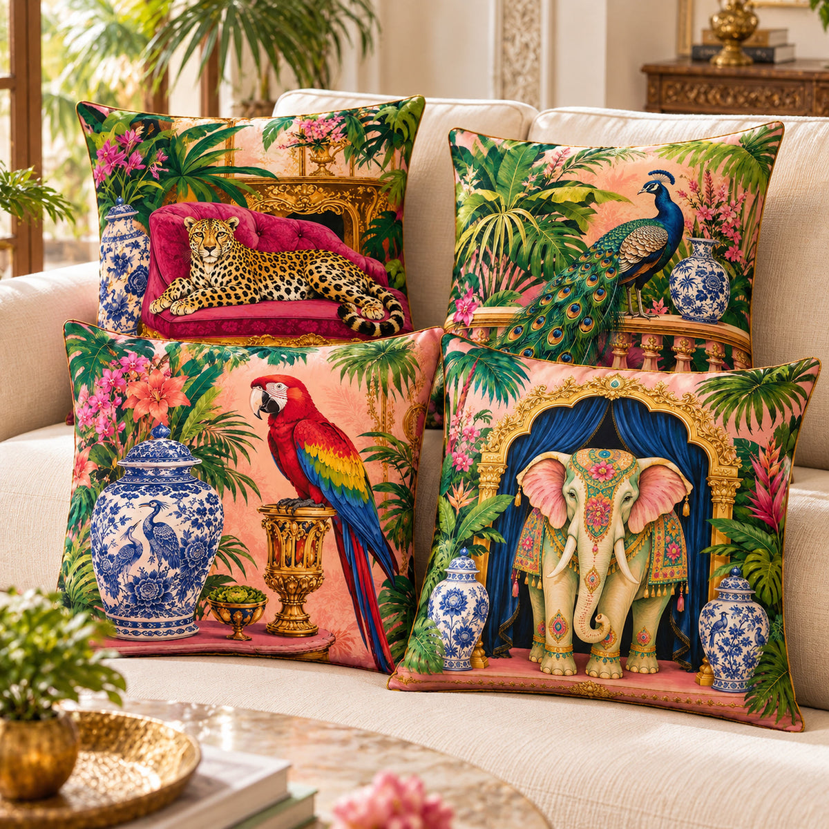 Royal Tropical cushion-cover set of 4 with leopard, peacock, macaw and elephant designs