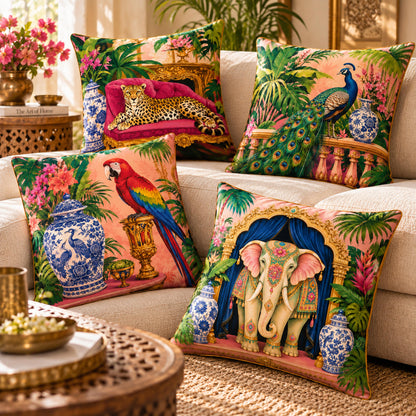 Royal Tropical set of 4 printed cushion covers styled on a cream sofa