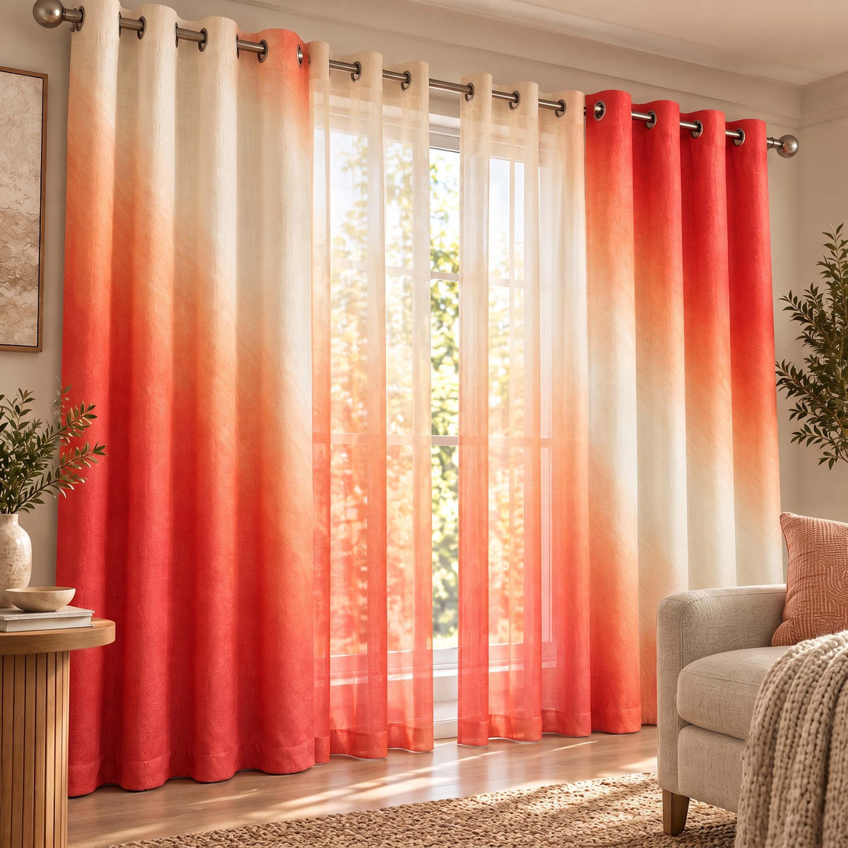 Shoppers Fortune Coral Sunset shading blackout curtains with matching sheer curtains in a living room