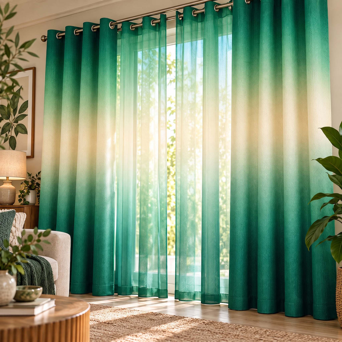 Shoppers Fortune Emerald Teal shading blackout curtains with matching sheer curtains in a living room