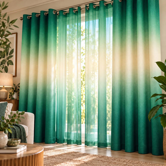 Shoppers Fortune Emerald Teal shading blackout curtains with matching sheer curtains in a living room