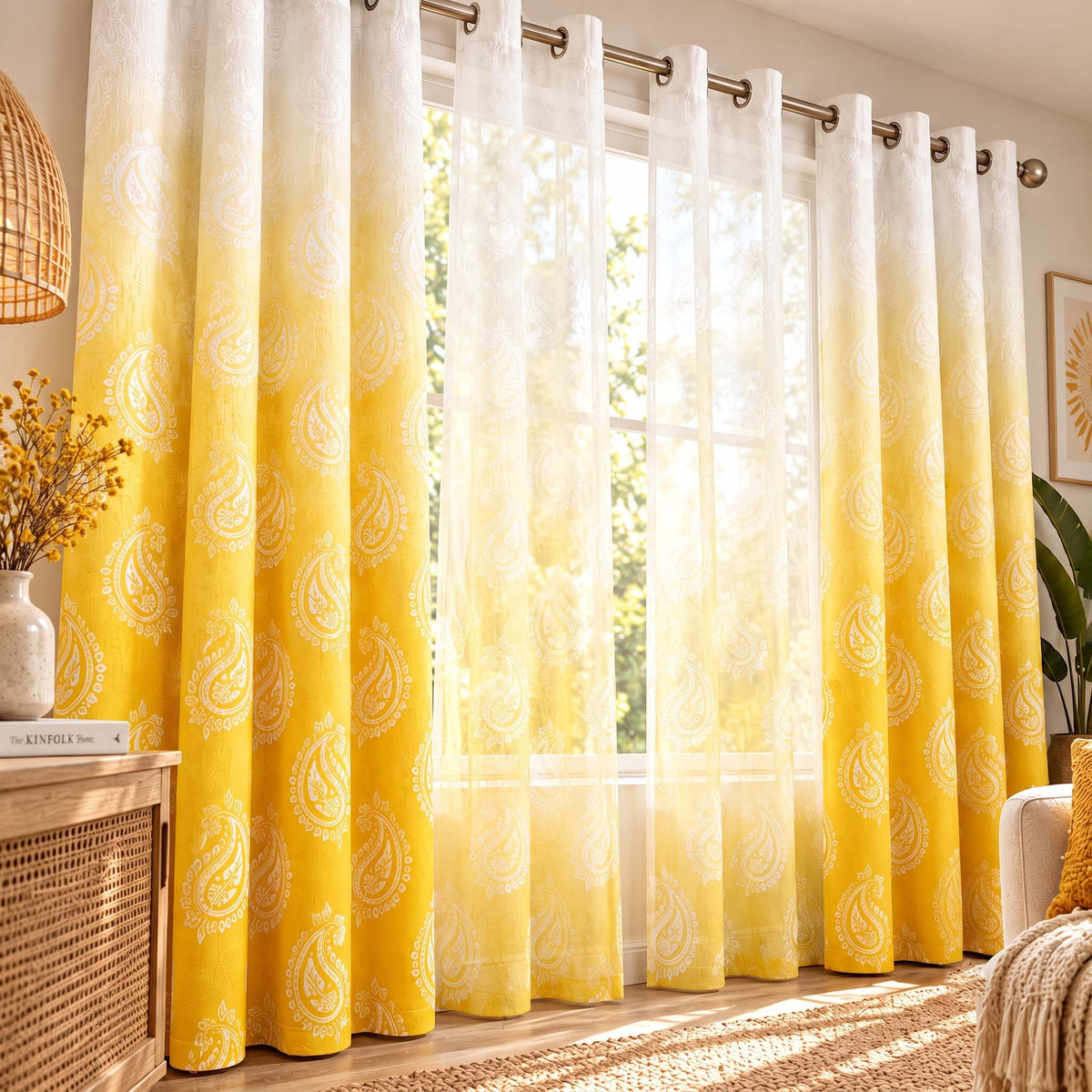 Shoppers Fortune Golden Yellow Paisley shading blackout curtains with matching sheer curtains in a living room