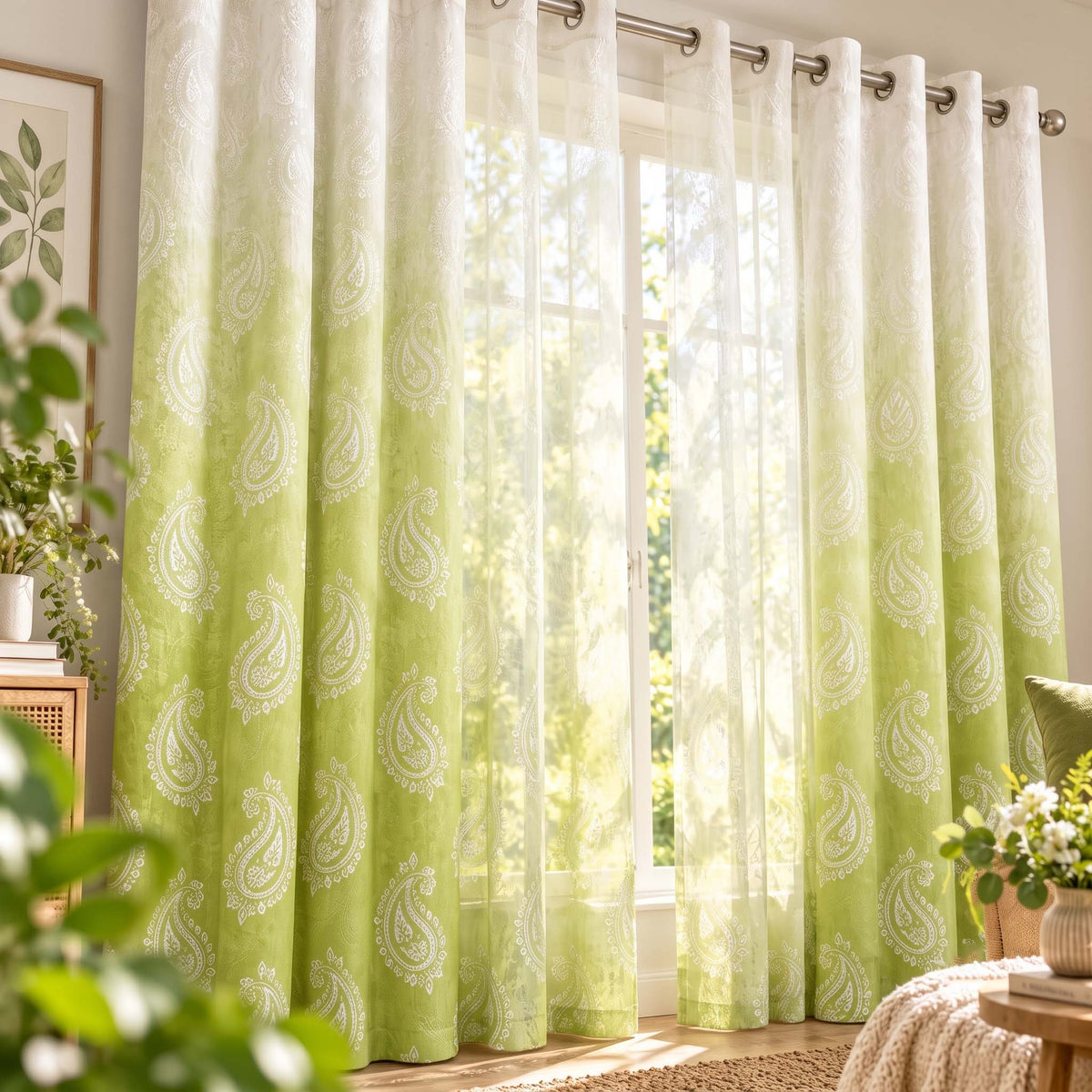 Shoppers Fortune Pistachio Green Paisley shading blackout curtains with matching sheer curtains in a living room