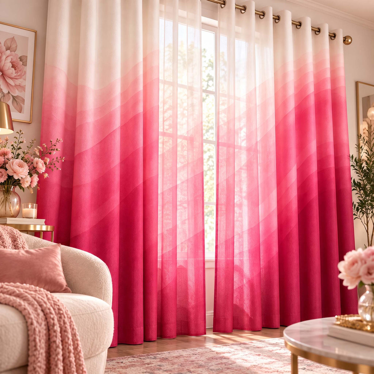 Shoppers Fortune Rose Pink shading blackout curtains with matching sheer curtains in a living room