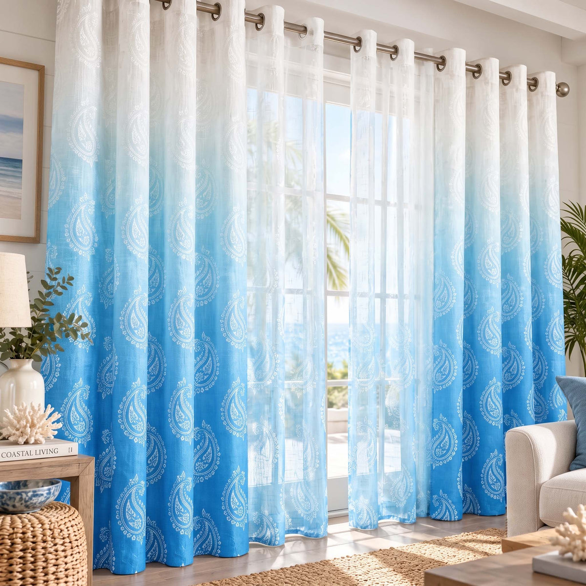 Shoppers Fortune Sky Blue Paisley shading blackout curtains with matching sheer curtains in a living room