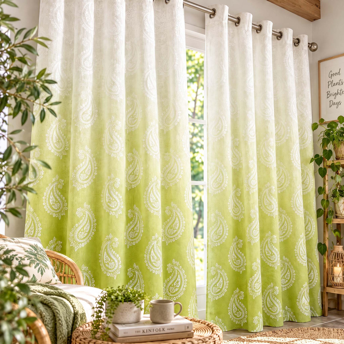 Pistachio Green Paisley blackout curtains, grommet panels