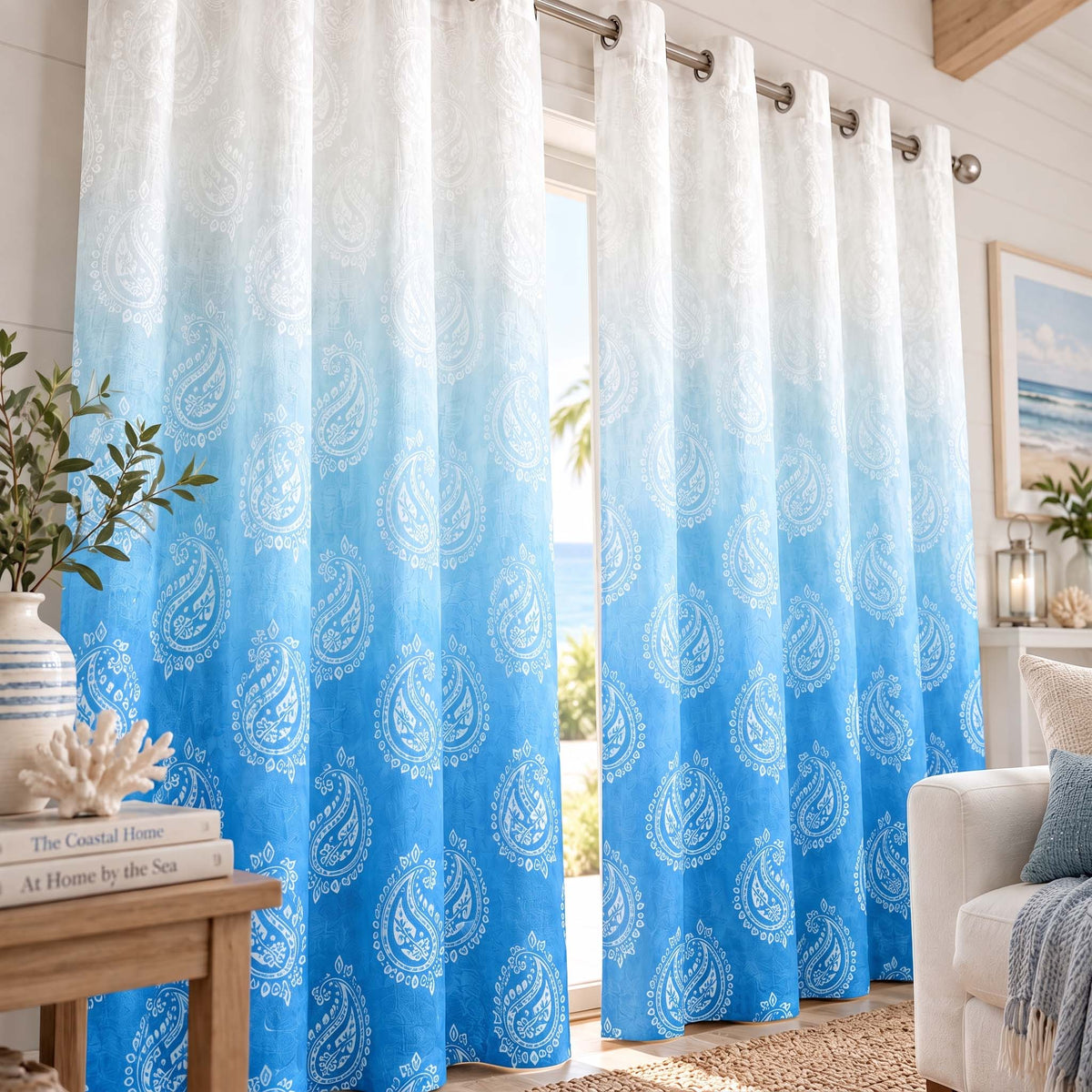 Sky Blue Paisley blackout curtains, grommet panels