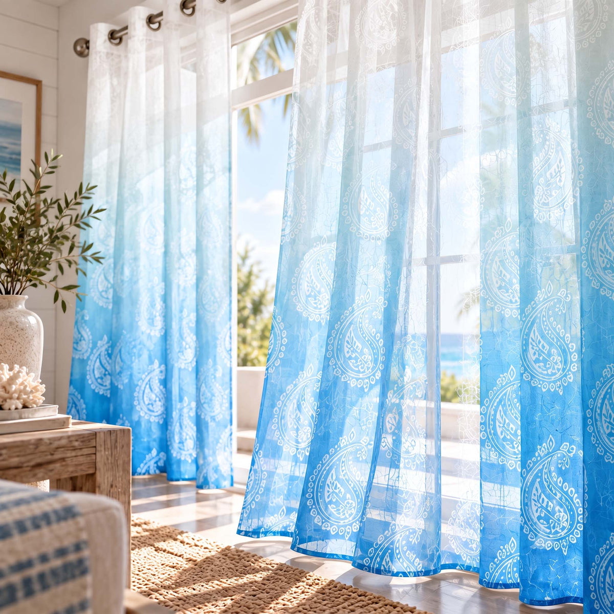 Sky Blue Paisley matching sheer curtains, grommet panels