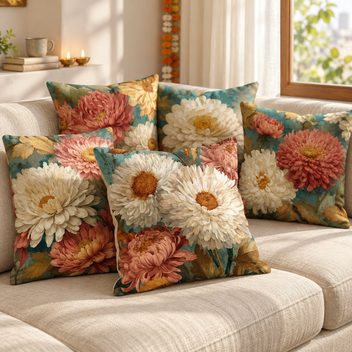 Luxury Teal and Cream Dahlia cushion cover set in a bright festive Indian living room